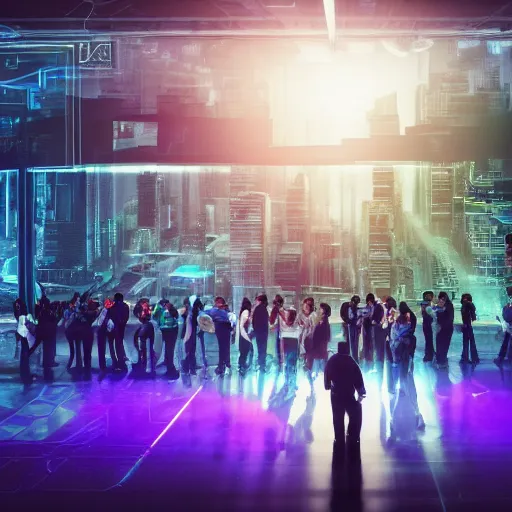 Image similar to large group people in a huge warehouse, looking at hologram of futuristic city on a table | cinematic concept art | godrays | 4 k | clear details | tabletop model | tabletop | hologram foreground