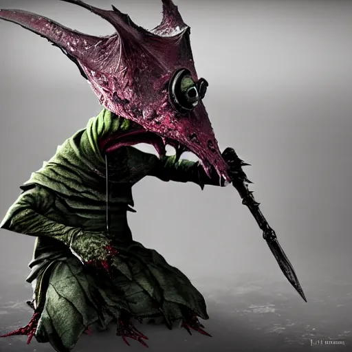 Image similar to evil kermit the frog, dark souls, bloodborne, elden ring, by hidetaka miyazaki