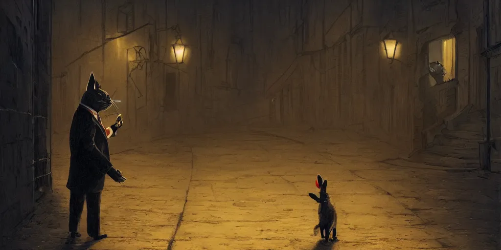 Image similar to rabbit wearing a tie is talking to a cat in a dark alley, warm color palette, night time, dramatic lighting, noir film, fine details, high contrast, blacksad, kim jung gi, greg rutkowski, trending on artstation, 8 k, front view, back view, ultra wide angle