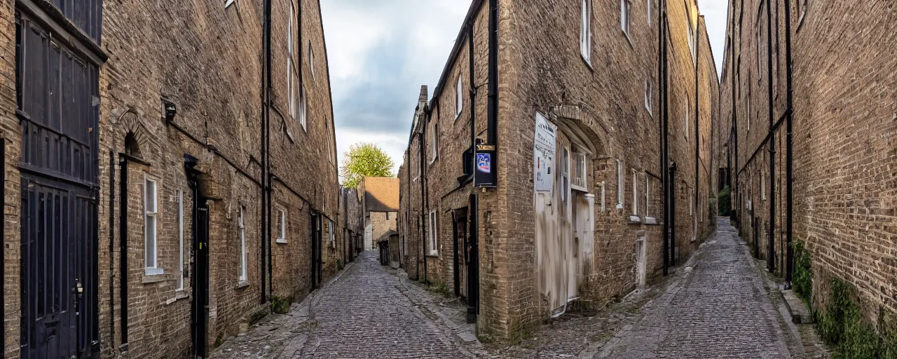Prompt: a long exposure photograph of a narrow alley running through an abandoned Corpus Christi, Cambridge, England, serene sunset, beautiful clouds, architecture photography