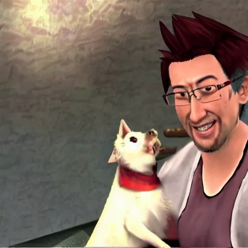 Image similar to Screenshot of the Markiplier character in the PlayStation 2 game Okami. HDR, 4k, 8k, Okami being petted by the YouTuber Markiplier, who is looking at the camera while petting Okami. Very accurate depiction of Markiplier in Okami. Okami the wolf looks exactly like the game when he was pet by Markiplier