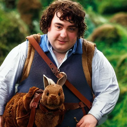 Image similar to clean shaven pudgy British lad with short curly dark brown hair as a hobbit wearing a white men's crossbody sling chest bag and blue vest standing next to a giant rabbit, blue vest! high resolution film still, movie by Peter Jackson