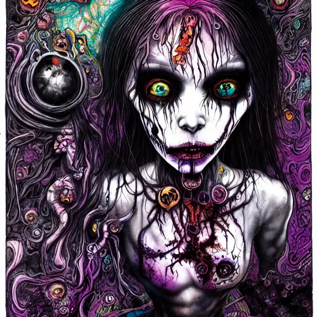 Prompt: fine detail, black ink & copic markers, vibrant muted colors, disturbing grunge still of a [ lovecraftian demon infested ] [ living dead doll ], [ mystic, shamanic and psychedelic lsd trippy dreamy art ], by arthur adams, by tom bagshaw, by henry asencio, by kikuchi hideyuki