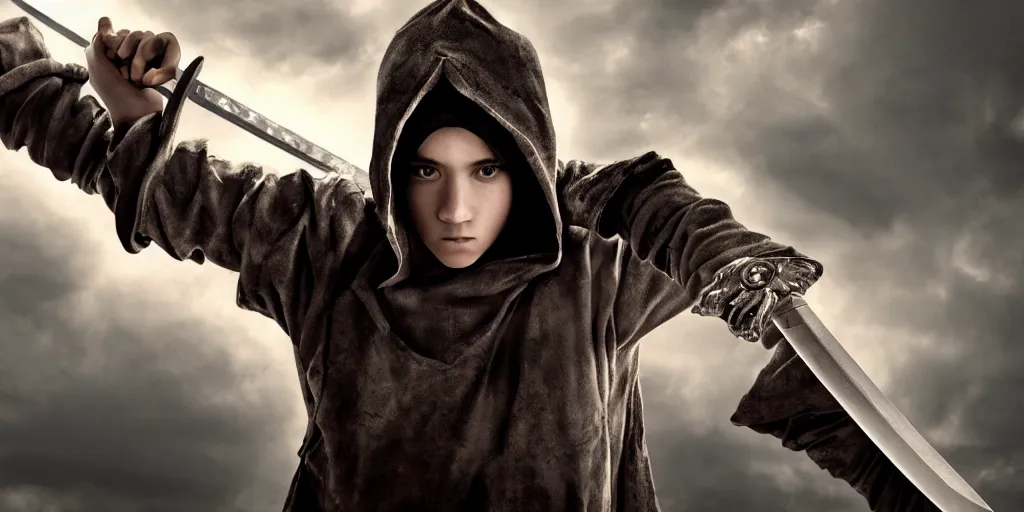 Prompt: a beautiful cinematic image of a hooded boy wielding a sword, cinematic, 4k, realistic, anime artwork, rtx, hyperrealistic, unreal