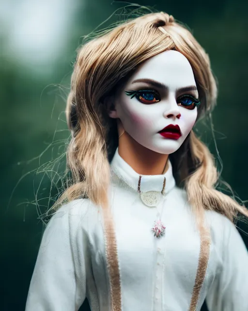 Image similar to high quality presentation photo of cara delevigne as a porcelain doll, photography 4k, f1.8 anamorphic, bokeh, 4k, Canon, Nikon