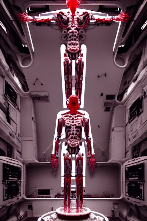 Image similar to high detailed white space station interior a statue jesus on cross made of red marble, perfect symmetrical body, full body shot, inflateble shapes, wires, tubes, veins, jellyfish, white biomechanical details, wearing epic bionic cyborg implants, masterpiece, intricate, biopunk, vogue, highly detailed, artstation, concept art, cyberpunk, octane render