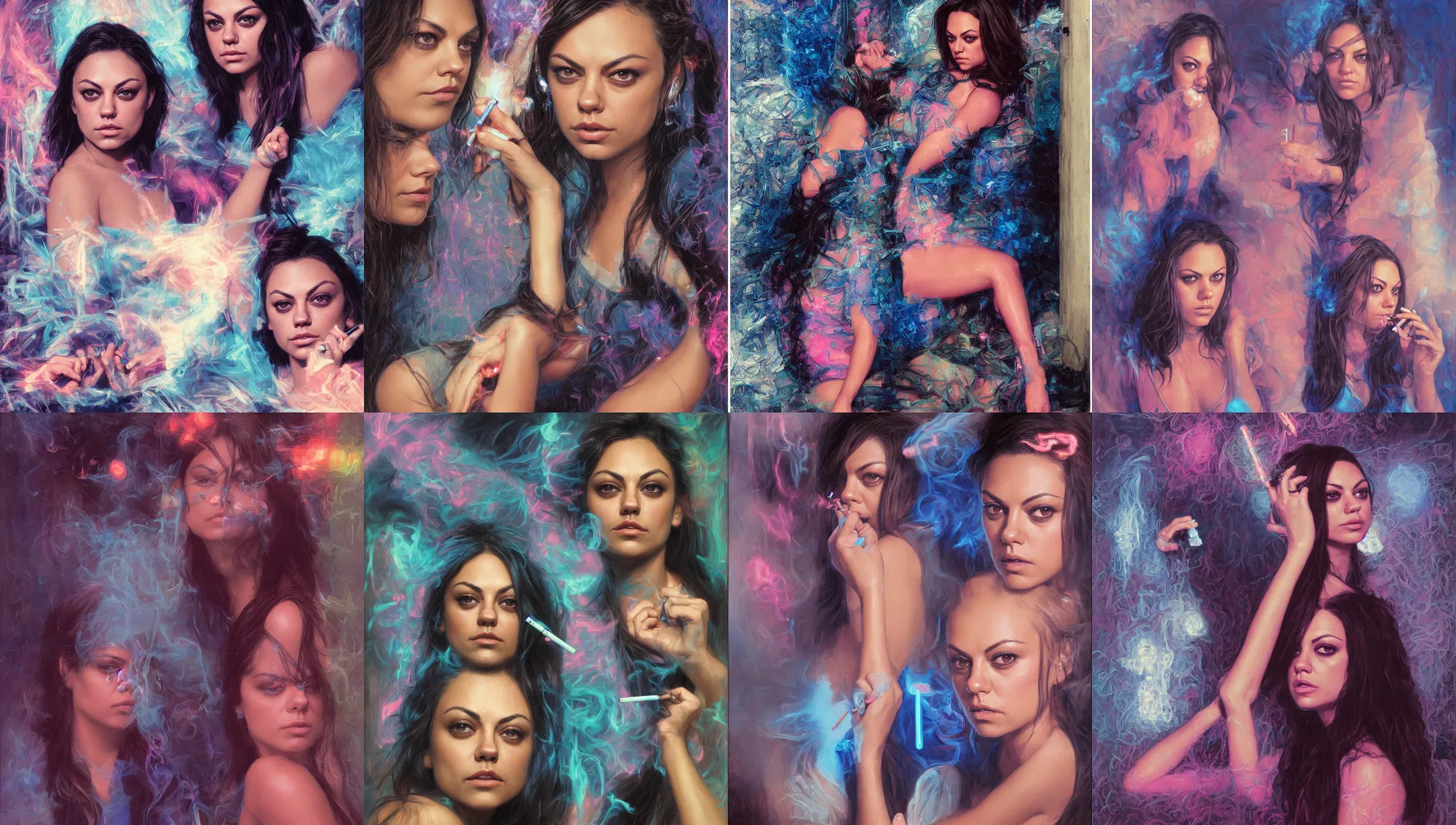 Image similar to portrait mila kunis looking into the camera leaning back against a wall smoking a cigarette, blue and pink neon lit entrance, 1 9 8 0 s, intricate, moody, tasteful, intimate, highly detailed, short focus depth, artgerm, donato giancola, joseph christian leyendecker