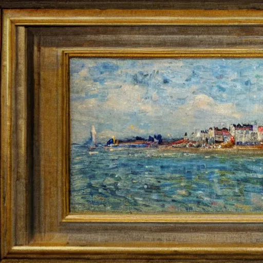 Image similar to a town by the seaside, impressionist