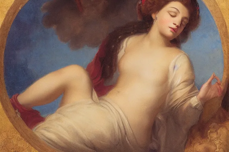 Prompt: a beautiful godess relaxing on a cloud by max, peter, portrait,