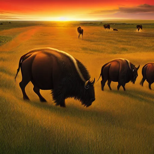 Image similar to a herd of bisons running in the prairie. epic sunset. a lone cowboy is riding on his horse following them. masterpiece. accidentally tripping on dmt and acid, psychedelic experience, overwhelming psychosis of self realization and burning awakening, ultra high definition, unreal engine 5, hyperrealism, masterpiece composition, by casey weldon, barclay shaw 8 k photorealistic