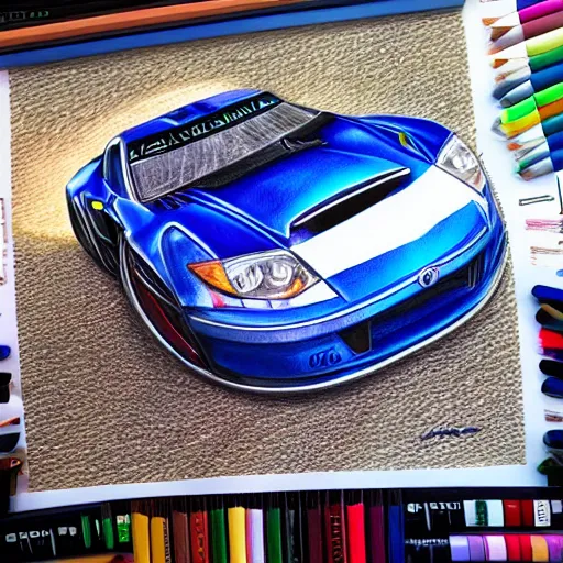 Image similar to Colored pencil art on paper, Race Car, highly detailed, artstation, MasterPiece, Award-Winning, Caran d'Ache Luminance