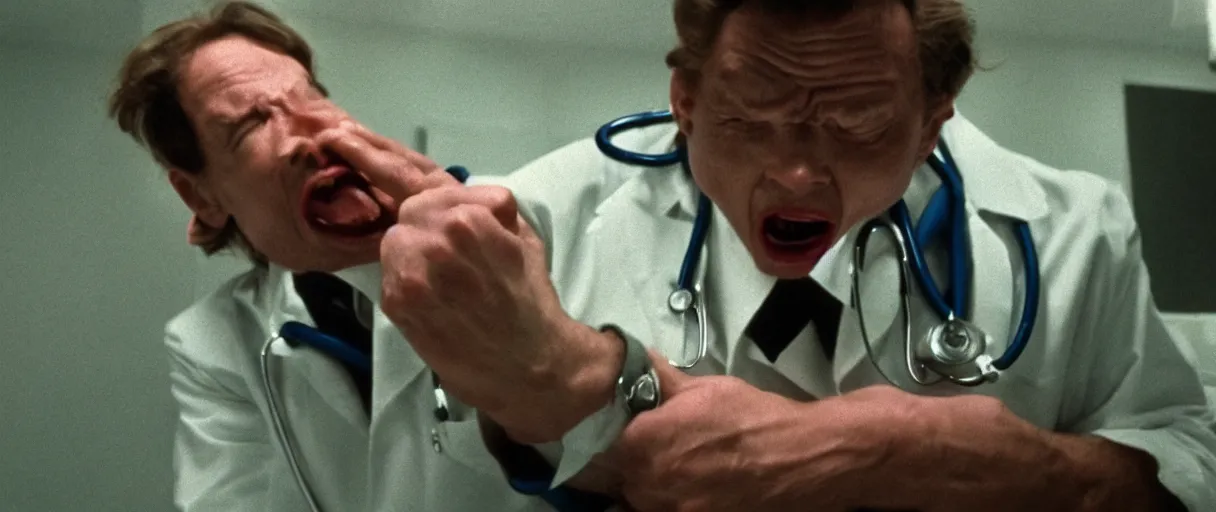 Image similar to filmic dutch angle movie still 4 k uhd 3 5 mm film color photograph of a screaming horrified doctor looking down at his hand is bitten by a re - animated specimen