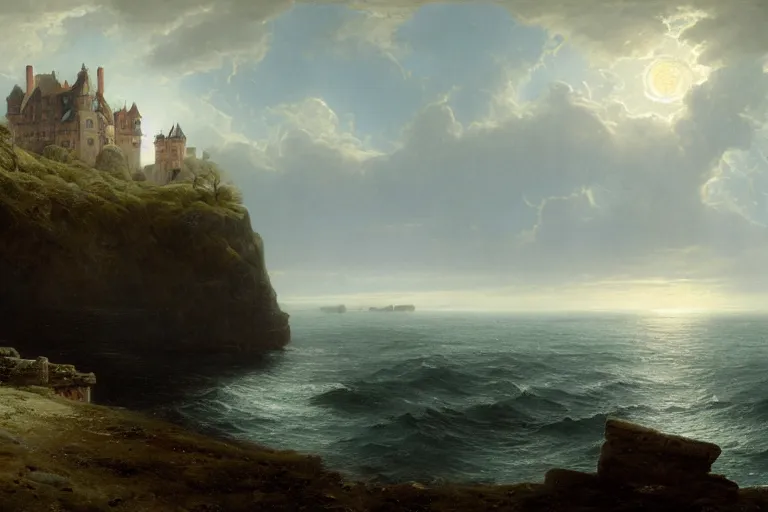 Image similar to an old castle on a seaside cliff at the edge of the world by andreas achenbach and peder balke and martin johnson heade sharp digital painting. dreaming latent space. matte painting, concept art. artstation. digital render. hdr, high dynamic range, global illumination, realistic, 8 k