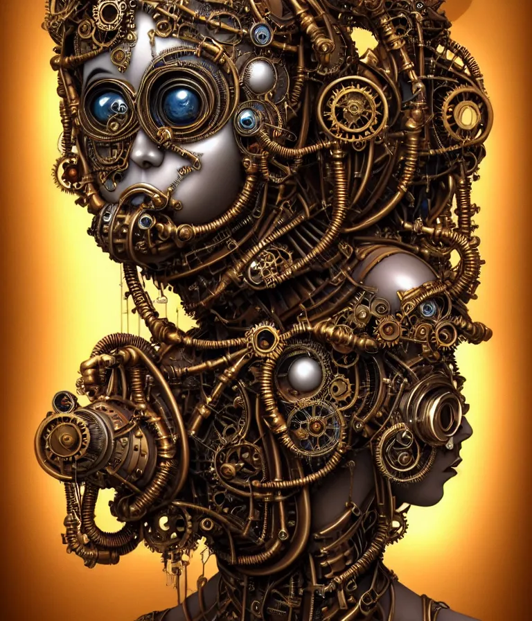 Image similar to steampunk cybernetic biomechanical krishna, front facing, symmetric, 3 d model, very coherent symmetrical artwork, unreal engine realistic render, 8 k, micro detail, intricate, elegant, highly detailed, centered, digital painting, artstation, smooth, sharp focus, illustration, artgerm, tomasz alen kopera, wlop