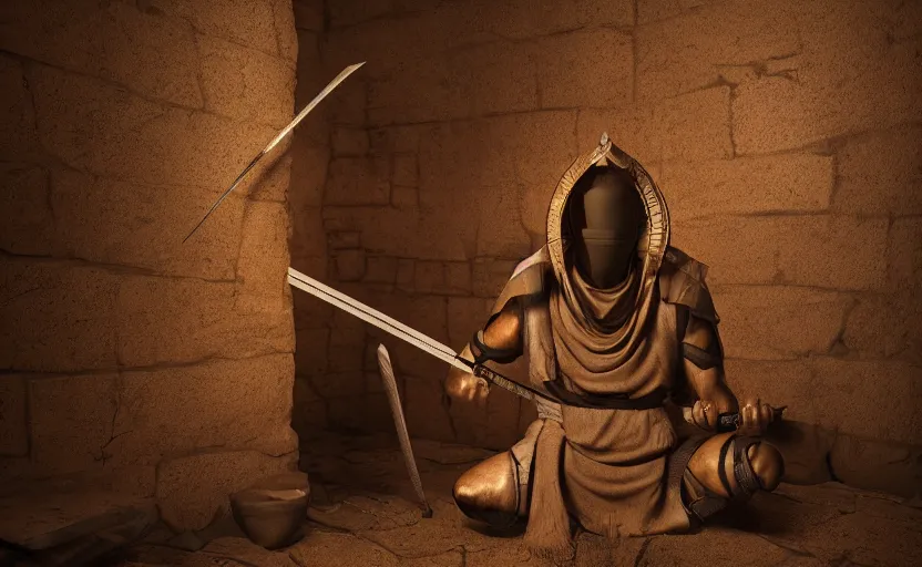 Image similar to highly detailed 3 d render of shinobi warrior hiding in the shadow, barely visible, shiny eyes in wooden hideout, cinematic lighting, photobash, raytracing, high contrast