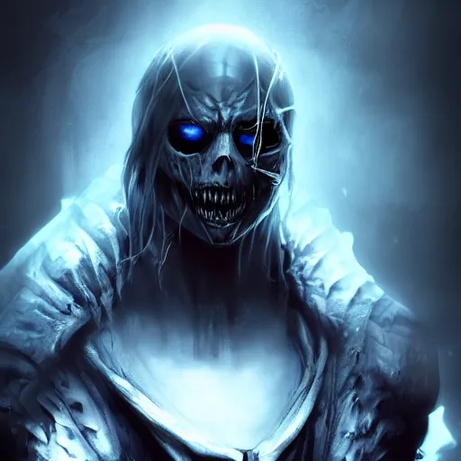 Prompt: photorealistic dark fantasy concept art of nightmare sans with his eye glowing, dynamic lighting, stunning visuals, ray tracing, beautiful scenery, cinematic, full body portrait, ultra detailed, hyper detail, stunning detail