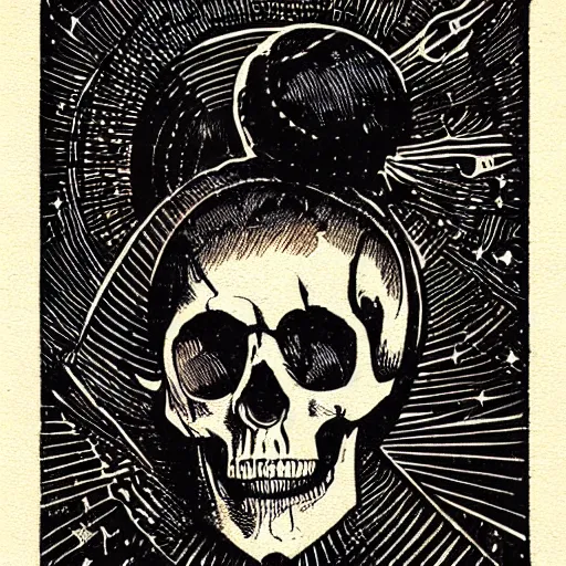 Image similar to Woodcut portrait of a beautiful cute skull with robot ears by falling into the stars greg rutkowski, 4k, intricate details