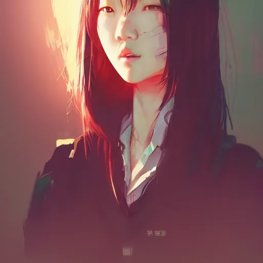 Image similar to full body portrait of a korean schoolgirl with long hair and bangs, her hands are thin red tedrils, dramatic lighting, illustration by Greg rutkowski, yoji shinkawa, 4k, digital art, sci-fi horror concept art, trending on artstation