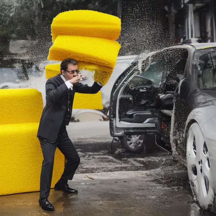 Image similar to a man wearing a suit ( ( washing ) ) a toyota corolla car with a yellow sponge!!!, canon eos c 3 0 0, ƒ 1. 8, 3 5 mm, 8 k, medium - format print