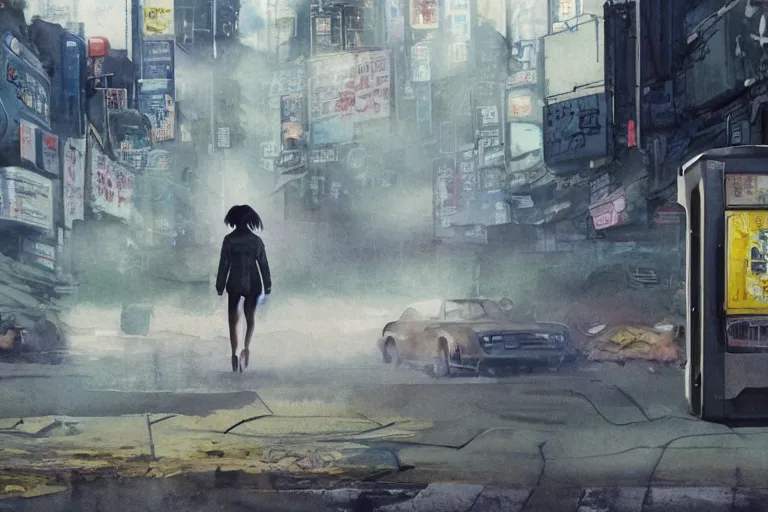 Prompt: incredible wide screenshot, ultrawide, simple watercolor, rough paper texture, ghost in the shell movie scene, backlit distant shot of girl in a parka running from a giant robot invasion side view, yellow parasol in deserted dusty shinjuku junk town, broken vending machines, bold graphic graffiti, old pawn shop, bright sun bleached ground, mud, fog, dust, windy, scary robot monster lurks in the background, ghost mask, teeth, animatronic, black smoke, pale beige sky, junk tv, texture, brown mud, dust, tangled overhead wires, telephone pole, dusty, dry, pencil marks, genius party, shinjuku, koji morimoto, katsuya terada, masamune shirow, tatsuyuki tanaka hd, 4k, remaster, dynamic camera angle, deep 3 point perspective, fish eye, dynamic scene