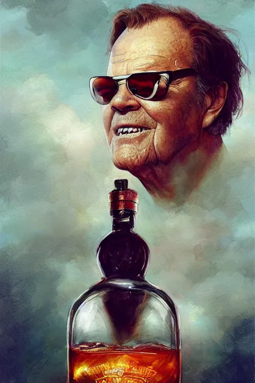 Image similar to a ship in a bottle but instead of a ship it is jack nicholson in the bottle, a young jack nicholson, fancy whiskey bottle, masterpiece painting by artgerm, ruan jia, jakub rebelka, tom bagshaw