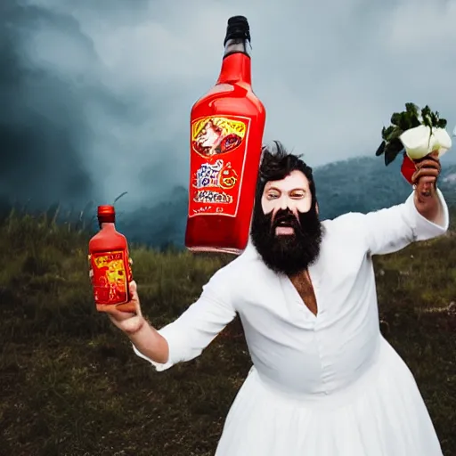 Prompt: evil bearded man in wedding dress attacking with a bottle of sriracha