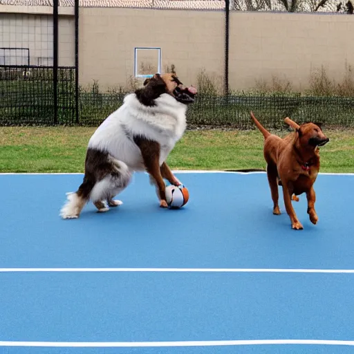 Prompt: dogs playing basketball on a basketball court