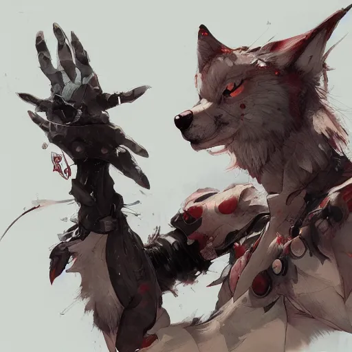 Image similar to concept art of anthropomorphized wolf, highly detailed painting by dustin nguyen, akihiko yoshida, greg tocchini, 4 k, trending on artstation, 8 k