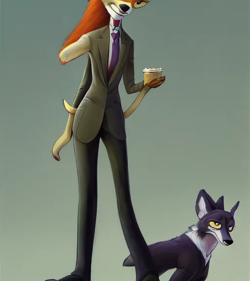 Image similar to oil painting of full body of anthromorphic female wolf, in style of zootopia, zootopia, zootopia, fursona, furry, furaffinity, 4 k, deviantart, furry art, fursona art, wearing black business suit, business suit, in style of zootopia, wolf fursona, cyberpunk, female, expressive detailed feminine face,