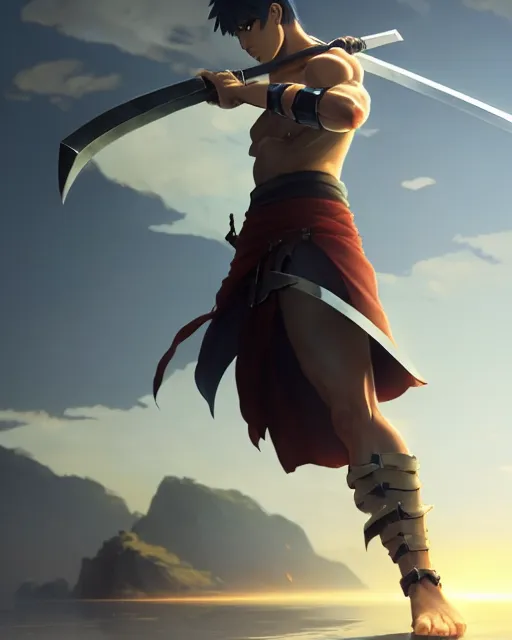 Image similar to strong warrior with a greatsword, dramatic pose, square masculine facial features, short messy hair, intimidating appearance, 3 d octane render, unreal engine 5, ultra high detail, glow, atmosphere, trending on pixiv fanbox, by greg rutkowski makoto shinkai takashi takeuchi studio ghibli, akihiko yoshida