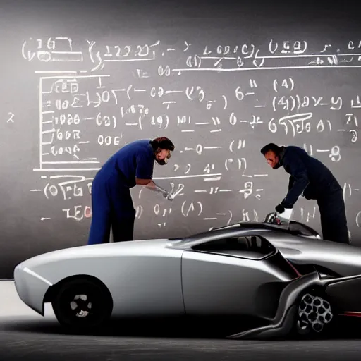 Image similar to a photo of Two car technicians fixing a futuristic car in a futuristic workshop , a blackboard covered with mathematical equations in the background, photo realistic, extremely detailed