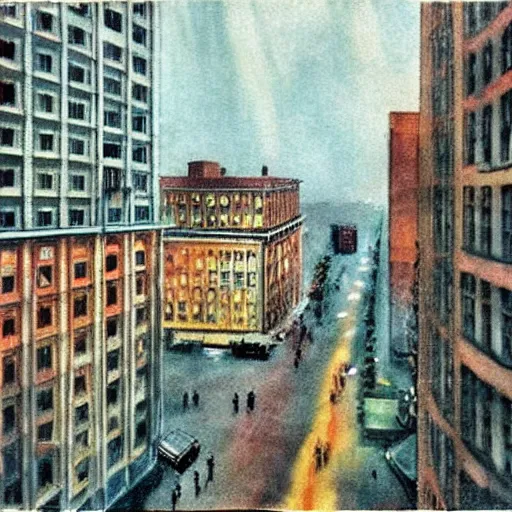 Image similar to full color ultra realistic painting of a balcony view of 1 9 2 5 boston downtown at night, the sky is distorted and broken like a smashed mirror, dark, brooding, night, atmospheric, ultra - realistic, smooth, highly detailed