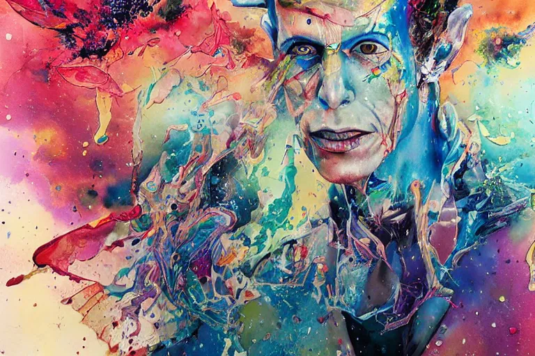 Image similar to a splattered action painting showing aladdin sane, ultradetailed, fine art painting, peter mohrbacher, moebius, aladdin sane, frottage, watercolor, acrylic, multilayered paint, spectacular splatter explosion, psychedelic art