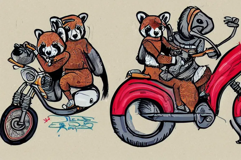 Prompt: a cartoon graffiti illustration of red pandas riding an elephant motorbike by stom 5 0 0