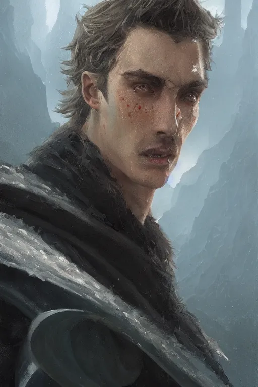 Image similar to dungeons and dragons a young dark wizard character closeup portrait, dramatic light, lake background, 2 0 0 mm focal length, painted by stanley lau, painted by greg rutkowski, painted by stanley artgerm, digital art, trending on artstation