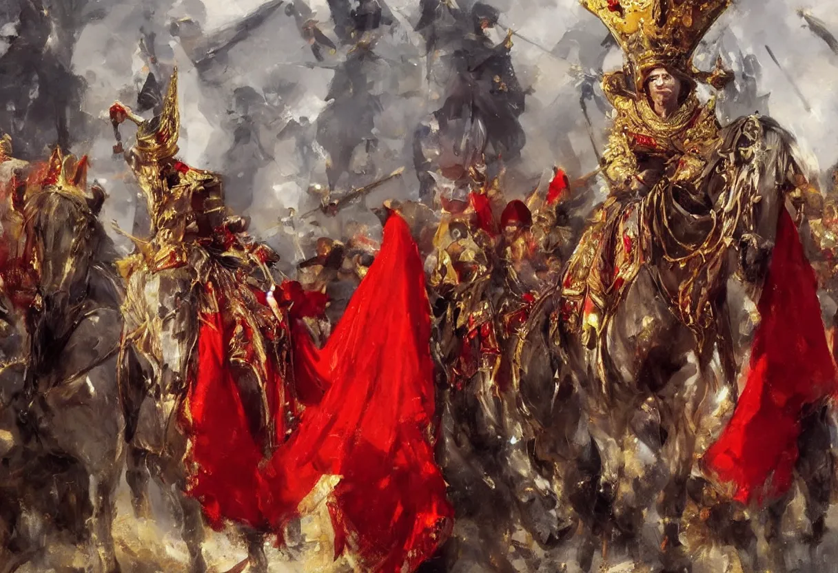 Image similar to oil painting of king, red royal cape, large golden crown, rich jewellery, art by anders zorn, wonderful masterpiece by greg rutkowski, beautiful cinematic light, american romanticism by greg manchess, creation by tyler edlin