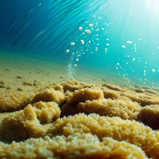 Prompt: underwater photo of breaded fish fillets swimming in a shoal