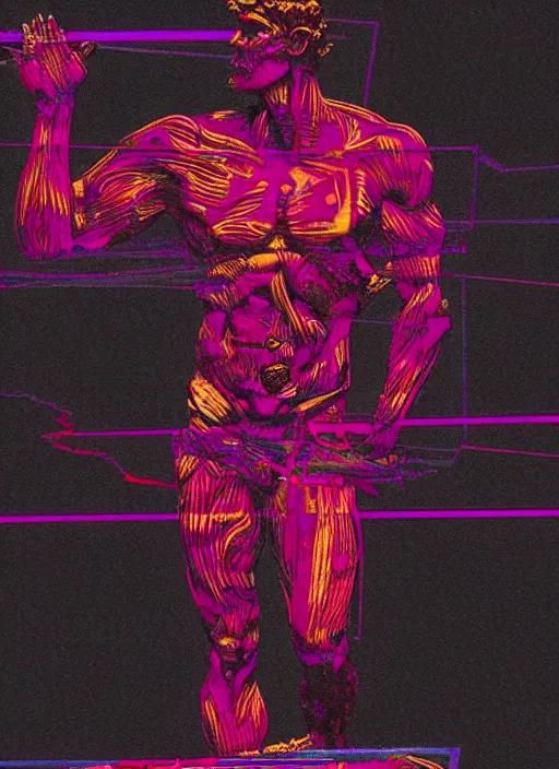 Image similar to black background with red and purple design elements, statue of hercules, ( ( ( skeleton ) ) ), grey, thin lines, dark,, glitch art, neo vaporwave, gritty, movie poster, layout design, trending on artstation