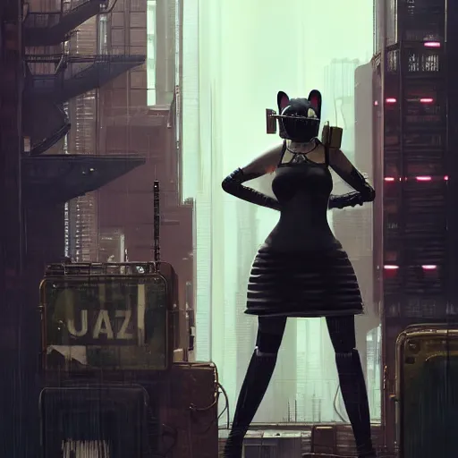 Image similar to new york city portrait of 2B nier automata as a furry anthro anthropomorphic animal person fursona wearing skin tight clothes muzzle gloomy rainy screenshot from the video game cyberpunk 2077 digital art by Greg Rutkowski, Simon Stalenhag, christopher nolan trending on Artstation, CGSociety
