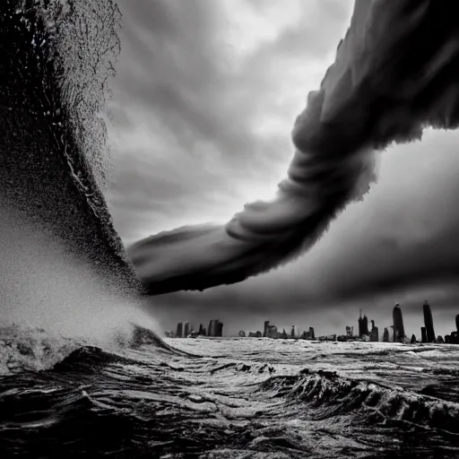 Prompt: a huge tsunami wave about to crash over manhattan, epic cinematic low angle shot from the street, looking up at the wave, end of the world vibes, dark and gloomy, details visible