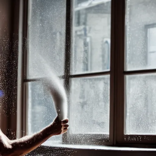 Prompt: A man throwing an open cylinder of baking soda through a window with baking soda spraying everywhere inside, 4k, realistic, cinematic