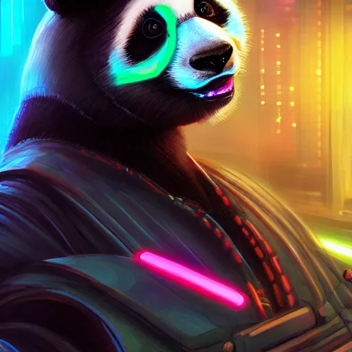 Image similar to cyberpunk panda, neon, stylized, artgerm, artstation, hd, cgsociety, cgi, realistic, dramatic, cinematic, artistic, trending, detailed