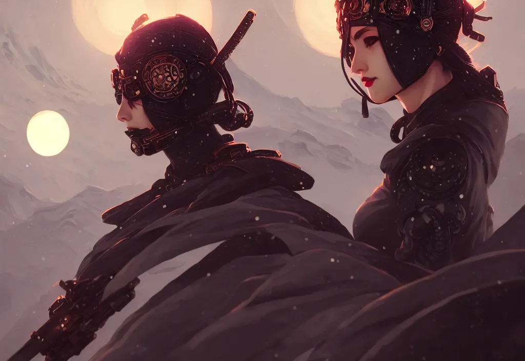 Prompt: portrait ninja gaiden girl, armored dieselpunk wardrobe, at snowy fuji mountain moonlight, ssci - fi and fantasy, intricate and beautiful and elegant, digital painting, artstation, concept art, smooth and sharp focus, illustration, art by tian zi and wlop and alphonse mucha