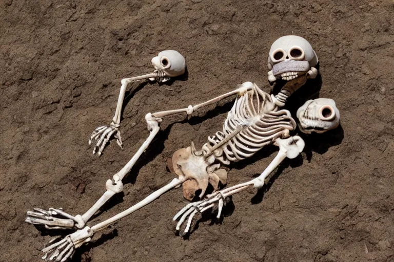 Prompt: fossilized muppet skeleton archaeology expedition photography