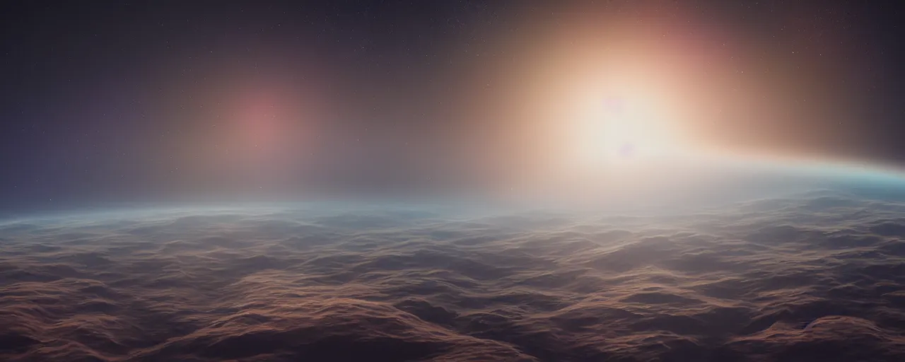 Image similar to smooth colours, cinematic render of atmospheric deep space, volumetric lighting, cathrin machin