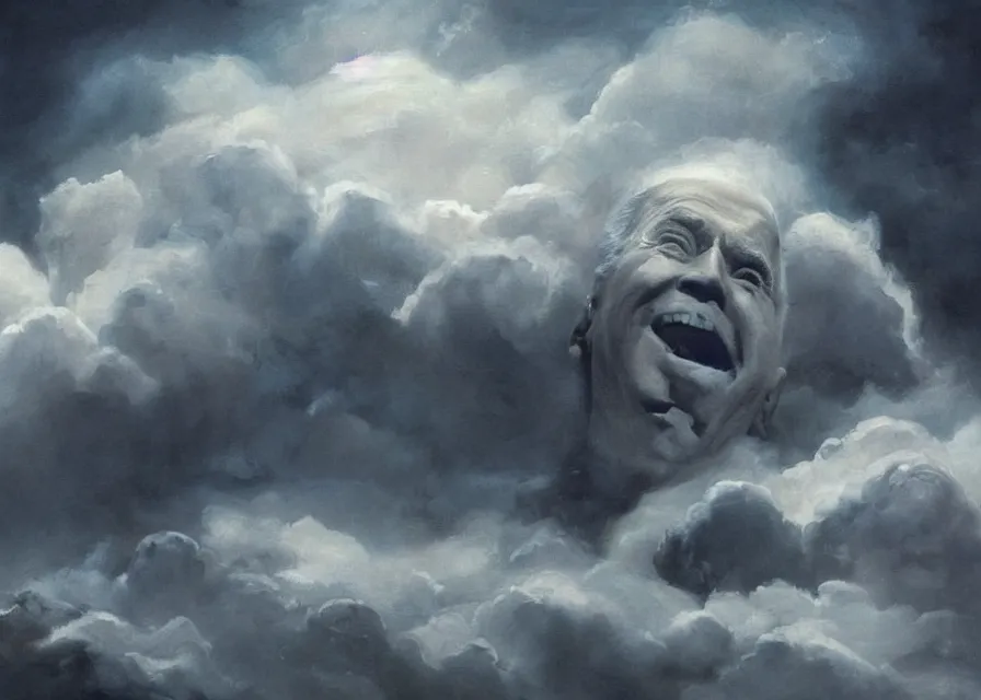 Image similar to large abstract painting of giant Joe Biden grinning evil emperor of the world made out of clouds emerging in dark clouds, cosmic horror, evil, dangerous, trending on ArtStation, masterpiece, by Greg Rutkowski, by Ross Tran, by Fenghua Zhong, octane, lightbeam eyes, soft render, clear facial features, oil on canvas, immense crowd of people, moody lighting, cinematic, professional environment concept art