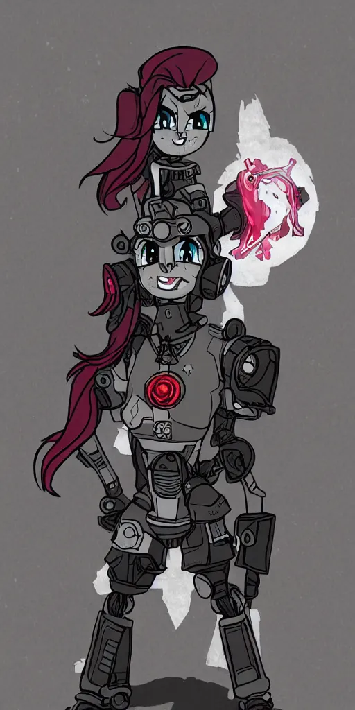 Image similar to Fallout Equestria Project Horizons | Blackjack Character Fanart | White MLP Unicorn Mare with red and black shaggy hair, and bright, robotic eyes. | Cutie Mark is: Ace and Queen of Spades | Trending on ArtStation, Digital Art, MLP Fanart, Fallout Fanart | Blackjack sitting and looking depressed at the viewer