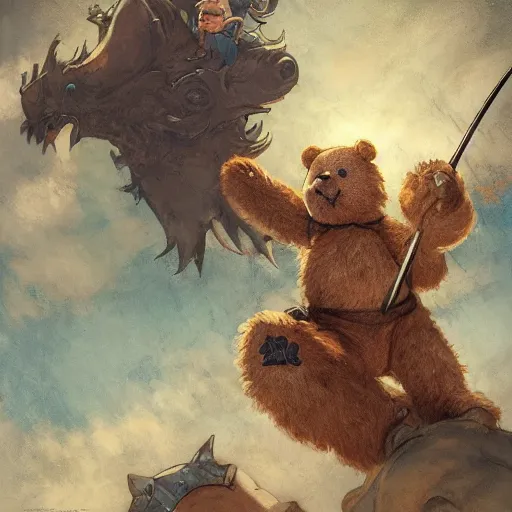 Image similar to a teddy bear pointing a sword at a monster above a child's bed, illustrated by miyazaki by karol bak, james jean, tom bagshaw, rococo, sharp focus, trending on artstation, cinematic lighting, hyper realism, octane render, 8 k, hyper detailed, vivid, ultra detailed, highly detailed