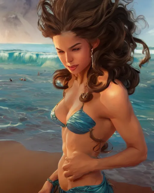Image similar to beautiful lady at the beach, fantastical, turbulent, highly detailed, fit body, digital painting, artstation, concept art, smooth, sharp focus, illustration, unreal engine 5, 8 k, art by stanley artgerm lau, wlop, rossdraws, frank frazetta, andrei riabovitchev, marc simonetti