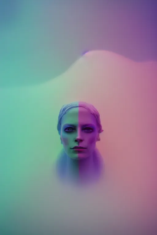 Prompt: high quality pastel coloured film close up photograph of a model android in an icelandic black rock!! environment in a partially haze filled dreamstate world. three point light, rainbow. photographic production. art directed. pastel colours. volumetric clouds. pastel gradient overlay. waves glitch artefacts. extreme facial clarity. 8 k. filmic.